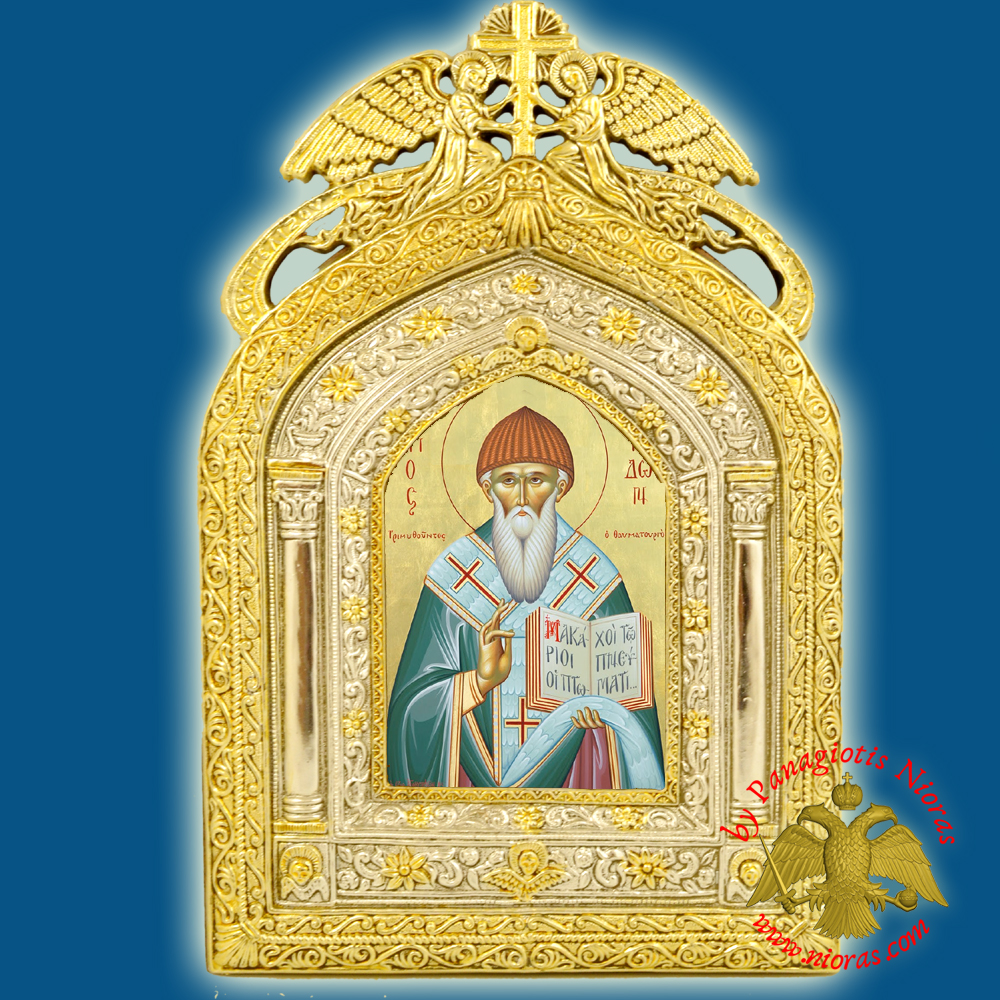 Εικόνα του Αγίου Σπυρίδωνα σε Χαρτί με Πλαίσιο Αγγέλους της Τήνου